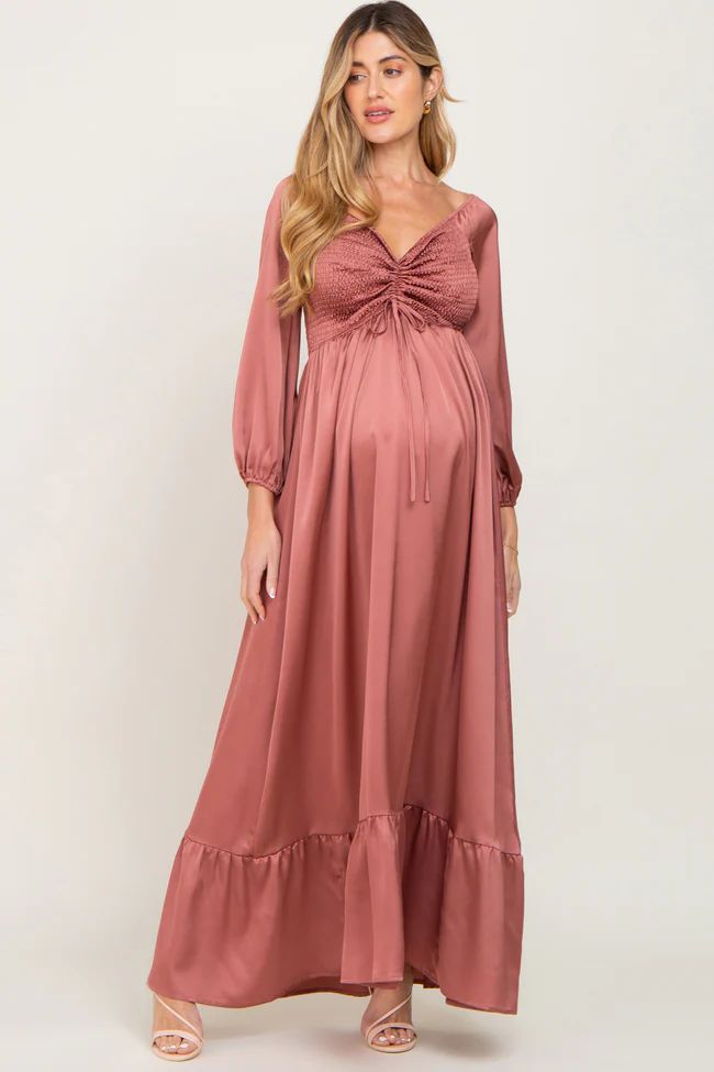 Mauve Smocked Off Shoulder Satin Maternity Maxi Dress | PinkBlush Maternity