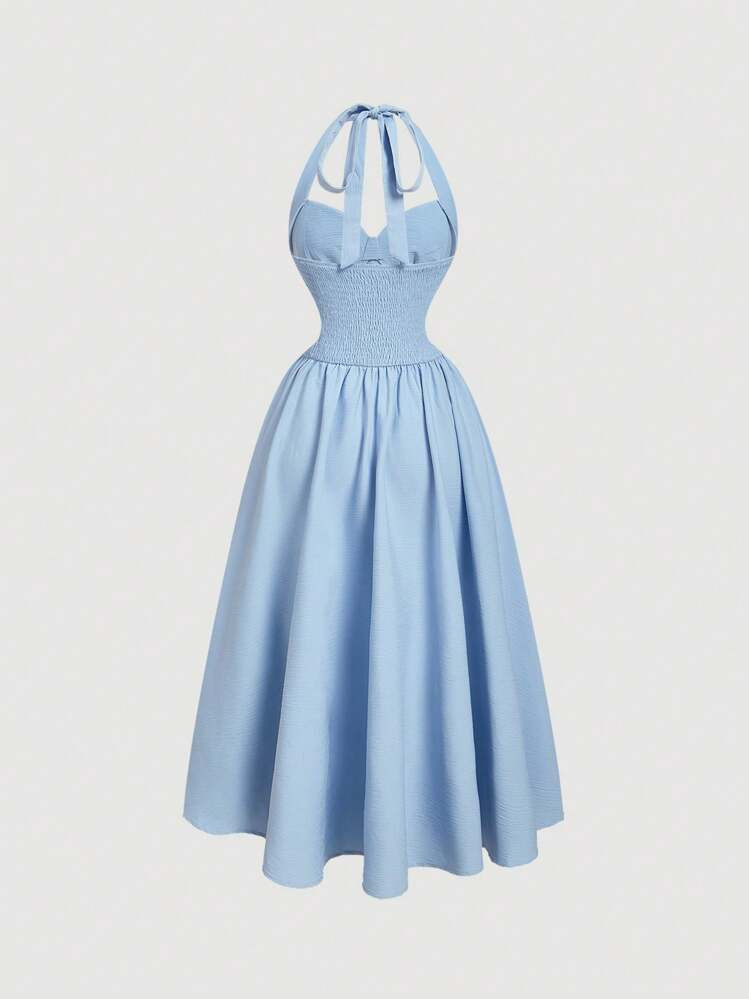 SHEIN MOD Women's Halter Neck Ruched Bow Swing Dress, Light Blue Color Party Women Outfits,New Years Eve Outfit,Masquerade Ball Dress,Birthday Women Outfits,Sexy Light Blue Dress,Dress With Bow Dress,Princess Women Dress For New Year,Sun Dress | SHEIN