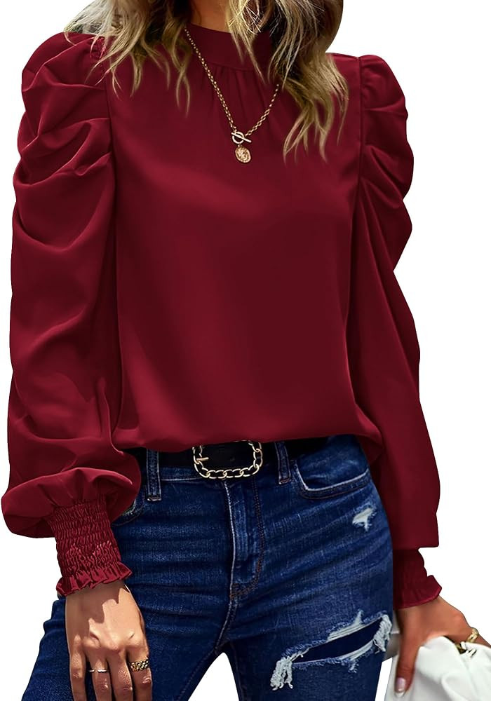 BTFBM Women Satin Puff Long Sleeve Blouses Mock Neck Shirts Business Casual Tops Work Dressy Blou... | Amazon (US)