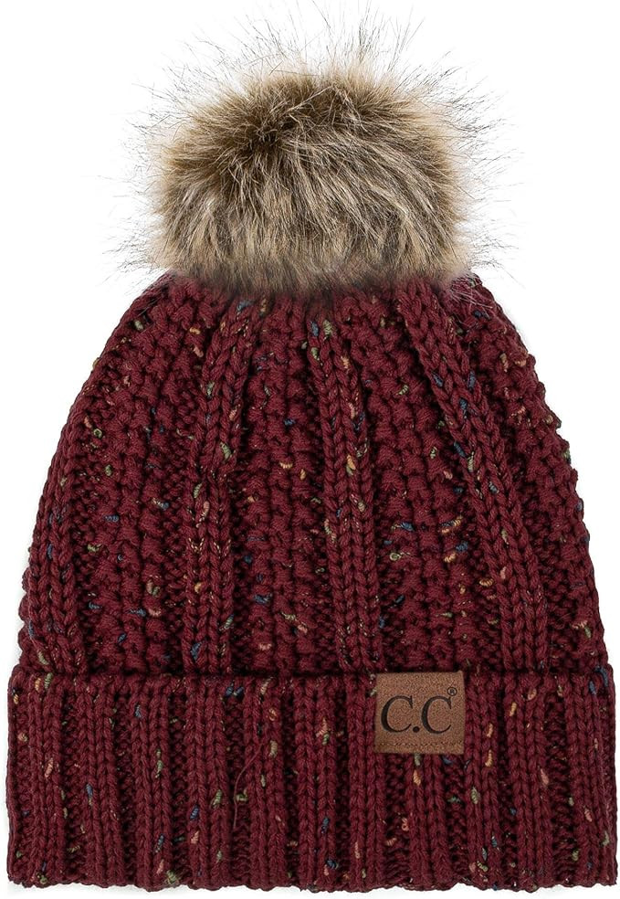 C.C Exclusives Fuzzy Lined Knit Fur Pom Beanie Hat (YJ-820) | Amazon (US)
