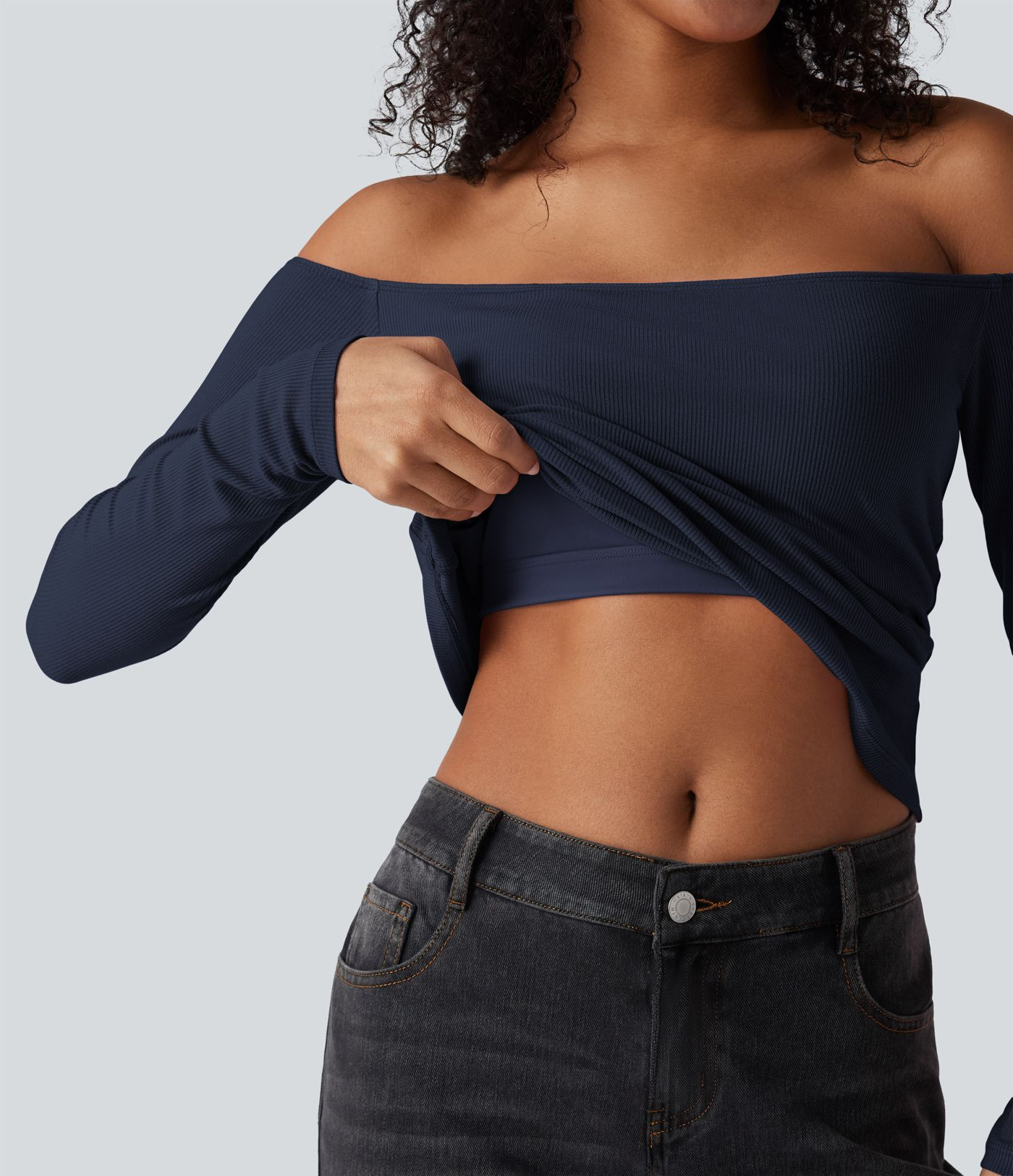 Women’s Ribbed Knit Off Shoulder Long Sleeve 2-in-1 Casual Top - Halara | HALARA