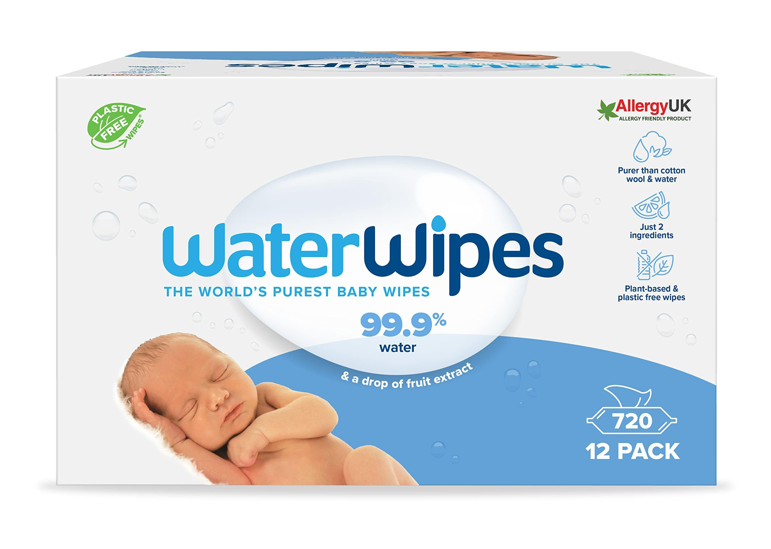 WaterWipes Plastic-Free Original Baby Wipes, 99.9% Water Based Wipes, Unscented for Sensitive Ski... | Amazon (UK)