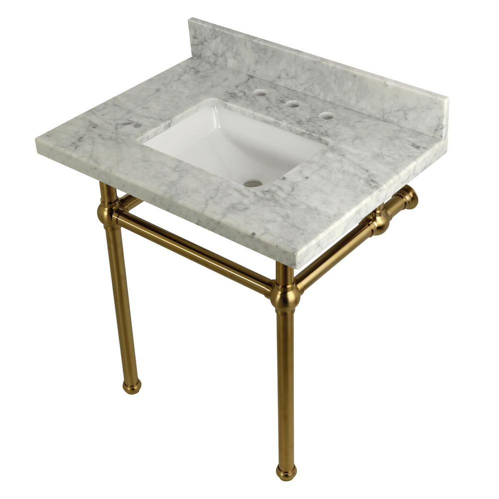 Square-Sink Washstand 30 in. Console Table in Carrara with Metal Legs in Brushed Brass | The Home Depot