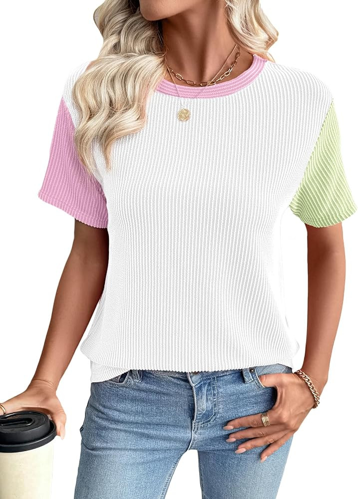 EVALESS Women's Short Sleeve T Shirts Ribbed Knit Crewneck Multicolour Block Tee Blouses Spring T... | Amazon (US)
