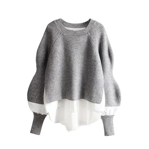 Womens Shirt Patchwork Pullover Sweater Fashion Sleeve Faux Sports Pullover Chunky Basic Sweaters for Women 2024 Grey | Amazon (US)