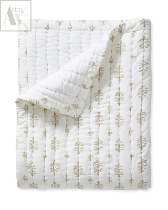 Solid White Cotton Kantha Quilt Sand Color Printed Quilt - Etsy | Etsy (US)