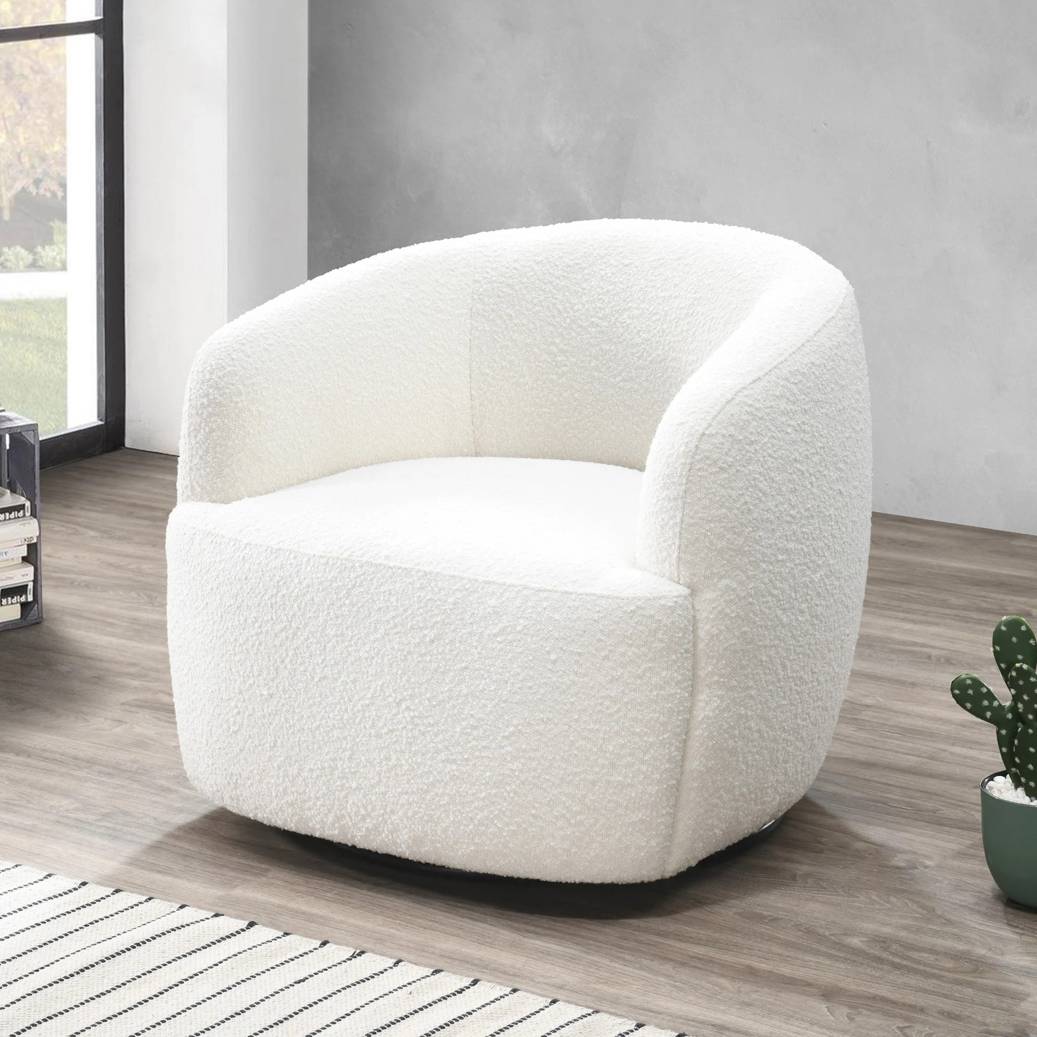 Lechlade 32" W Boucle Upholstered Swivel Barrel Chair | Wayfair North America