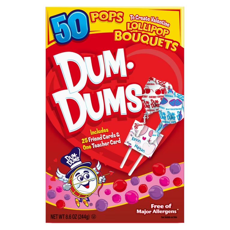 Dum Dums Valentine Original Flavors Lollipop Bouquets, Free of Major Allergens 8.6 oz, 50 Ct Box | Walmart (US)
