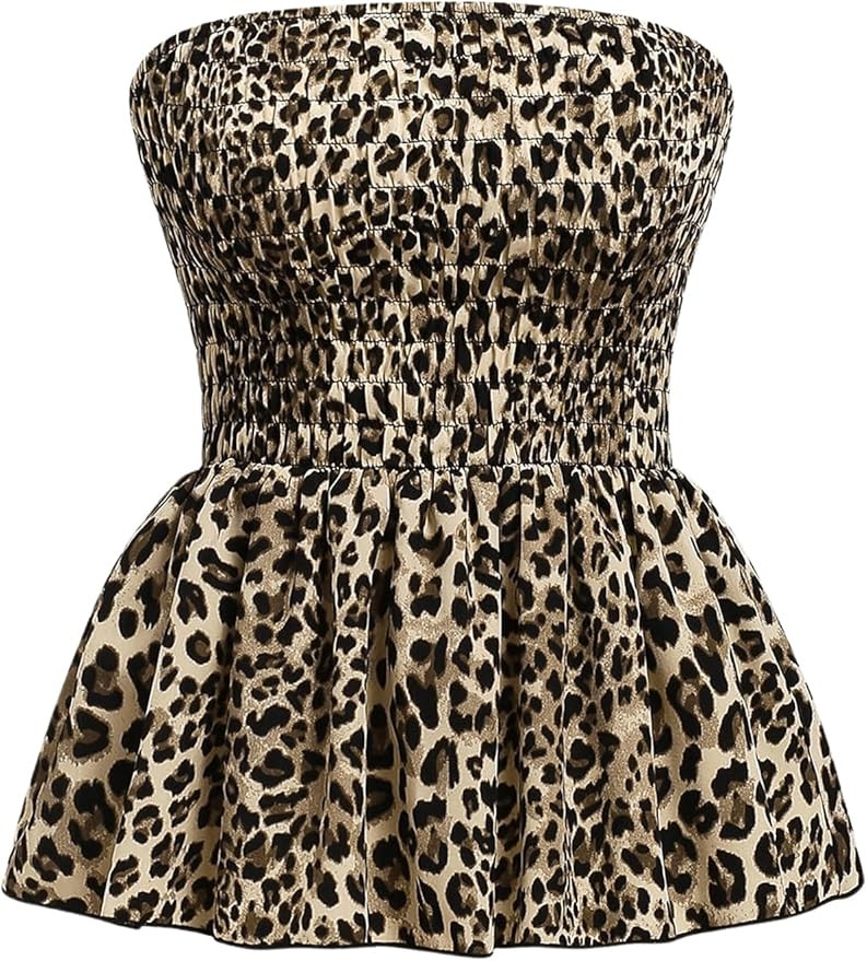 Milumia Women Leopard Peplum Tube Tops Strapless Sleeveless Shirred Ruffle Hem Bandeau Tops | Amazon (US)