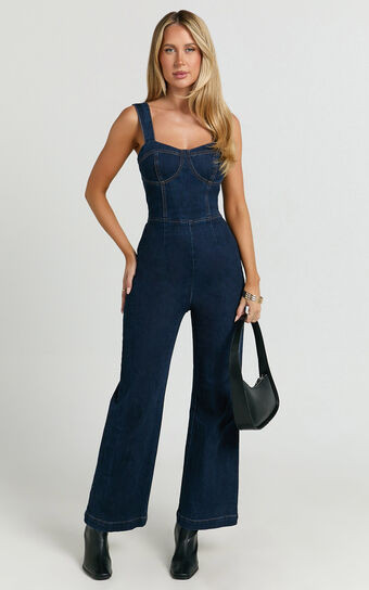Avie Jumpsuit - Denim Fitted Jumpsuit in Indigo | Showpo (US, UK & Europe)