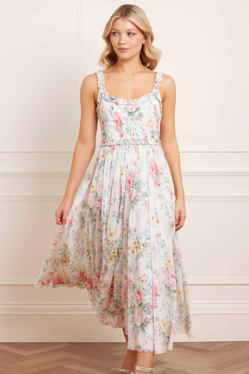 Pompadour Garden Chiffon Smocked Cami Ankle Gown | Needle & Thread