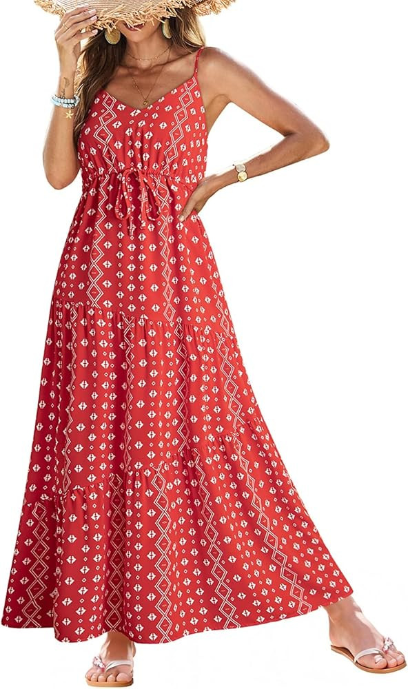 Dokotoo Summer Dress Casual Womens Boho Dress Sleeveless Printed Long Tiered Maxi Dress Beach Dre... | Amazon (US)