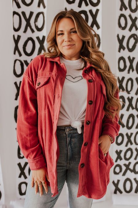 curvy Valentine look! wearing size large in heart tee, size large in pink shacket, and size 15 in denim 

#LTKunder100 #LTKcurves #LTKSeasonal