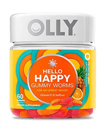 OLLY Hello Happy Gummy Worms, Mood Support Gummies For Adults,* Saffron Extract, Vitamin D, Tropical Zing Flavored, 30 Day Supply - 60 Count | Amazon (US)
