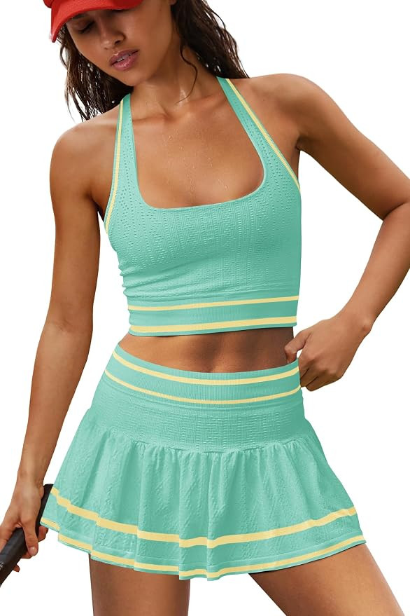 LAMISSCHE Seamless Athletic Skirt Set Square Neck Tank Pleated Skort Set | Contrast Piping, Halte... | Amazon (US)