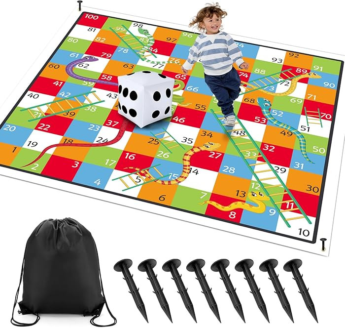 9.8 ft Giant Snakes and Ladders Game Playing Mat with 6 Nails 14 Inch Inflatable Dice and Storage... | Amazon (US)
