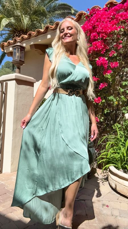 This silky high low maxi dress is the prettiest shade of sage green! So soft and flowy. Gorgeous for a beach resort dinner. Consider sizing down one size for the dress. 

#LTKFindsUnder100 #LTKStyleTip #LTKParties