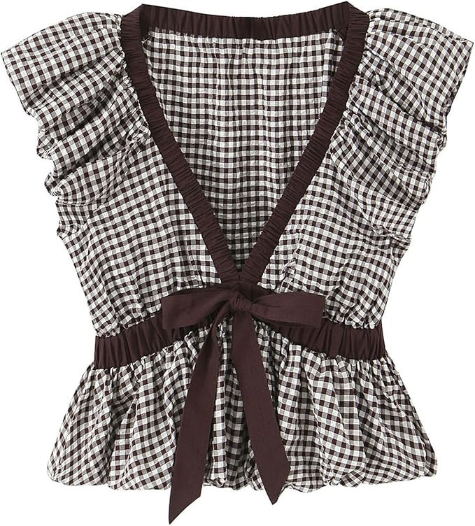 Chevara Women\u2019s Gingham Peplum Top Vintage Checkered V Neck Ruffled Trim Sleeveless Tie Wais... | Amazon (US)