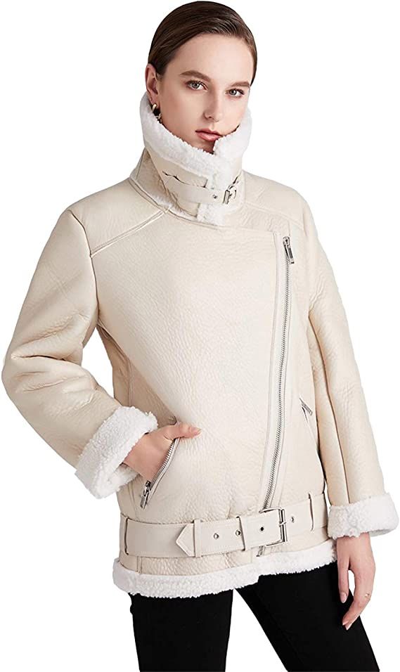 Winter Women's Faux Leather Lambs Leather Jacket Moto Biker Short Coat Wool Fur Collar Zipper Jac... | Amazon (US)