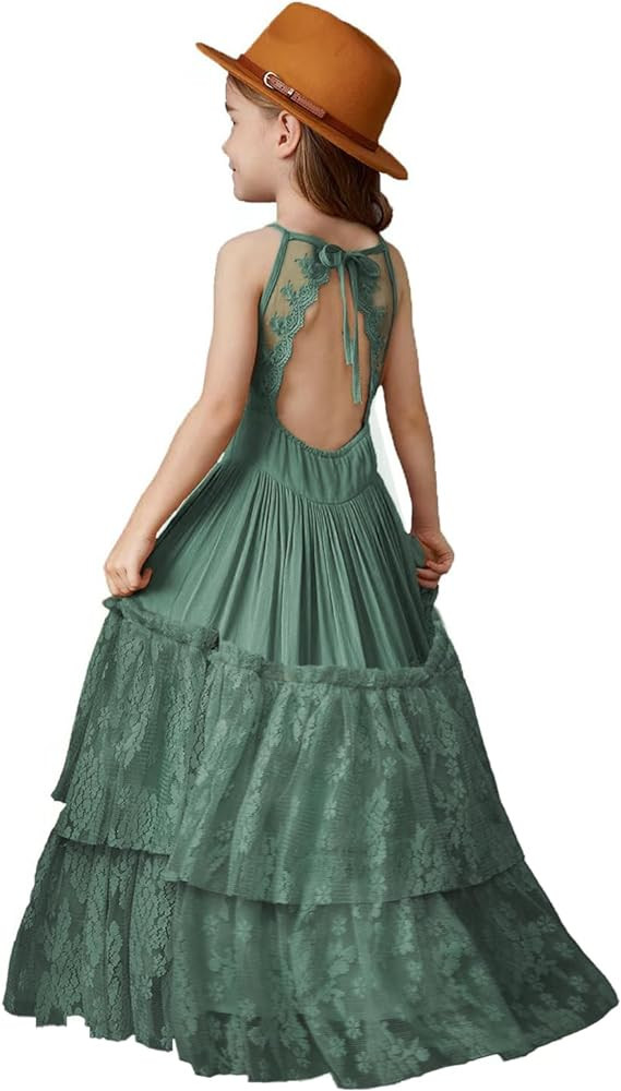 BIBIHOU Girls Kids Lace Back Full-Length Backless Tulle Party Holiday Formal Flower Girl Dress | Amazon (US)