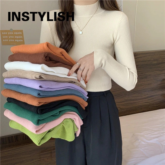 Mulheres Outono Inverno Camisola Gola Alta Vintage Sólido Básico De Malha Topos Casual Fino Pul... | Aliexpress BR (BR)