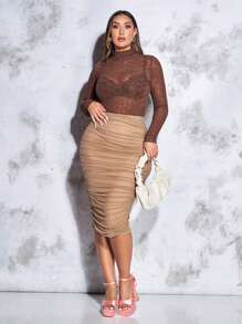 SHEIN BAE Plus High Waist Ruched Mesh Pencil Skirt | SHEIN