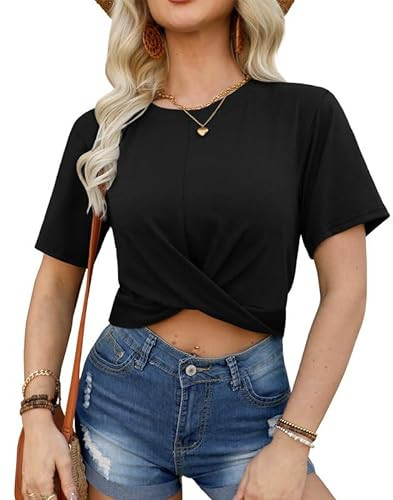 Women Summer Knot Crop Twist Front Top Sexy Solid Short Sleeve Tee Black S | Amazon (US)