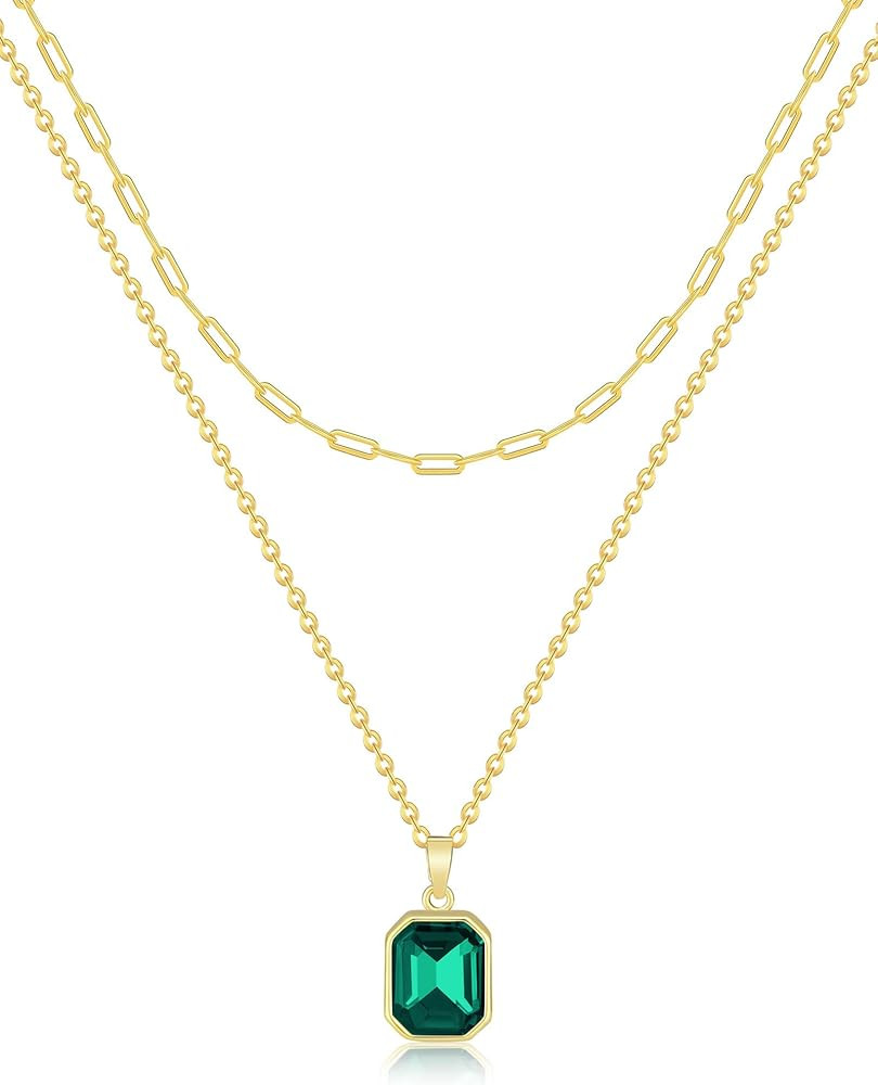 Gold Layered Necklaces for Women, 18k Gold Plated Crystal Necklace Paperclip Choker Emerald Green... | Amazon (US)
