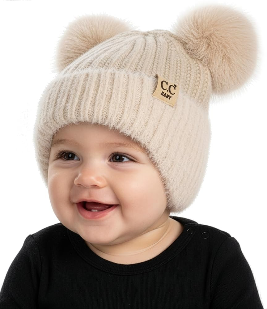 Funky Junque Baby Pom Pom Beanie, Warm Winter Hat for Infants and Toddlers, Chenille Double Pom P... | Amazon (US)