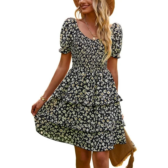 SYKT Women's Dresses Casual Summer Print Ruffle A Line Short Sleeve Mini Floral Dress for Women | Walmart (US)