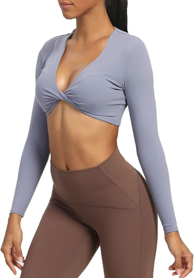 Aoxjox Long Sleeve Crop Tops for Women Sienna Twist Deep V Workout Crop T Shirt Top | Amazon (US)