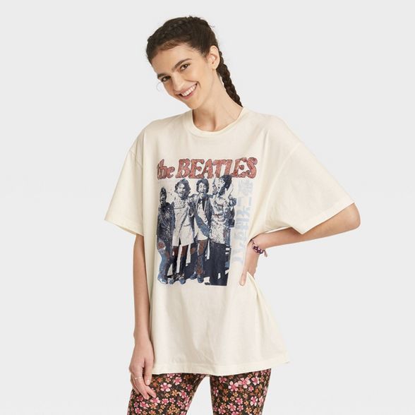Women's The Beatles Short Sleeve Oversized Graphic T-Shirt - Off-White | Target