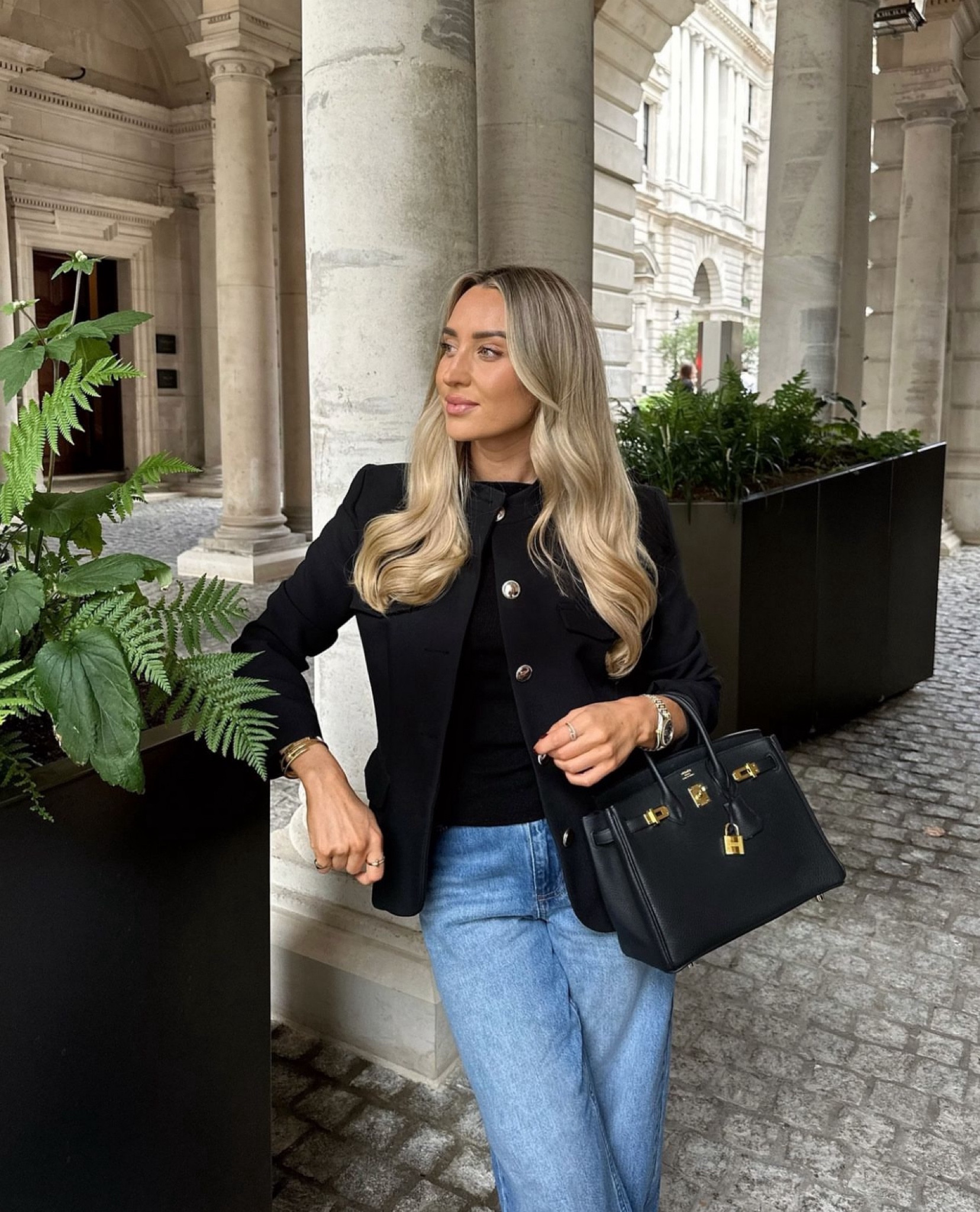 Tailored city look with River Island, the ultimate smart casual workwear style with this collarless black jacket and blue jeans combo

#LTKworkwear #FashionMonth #LTKautumn