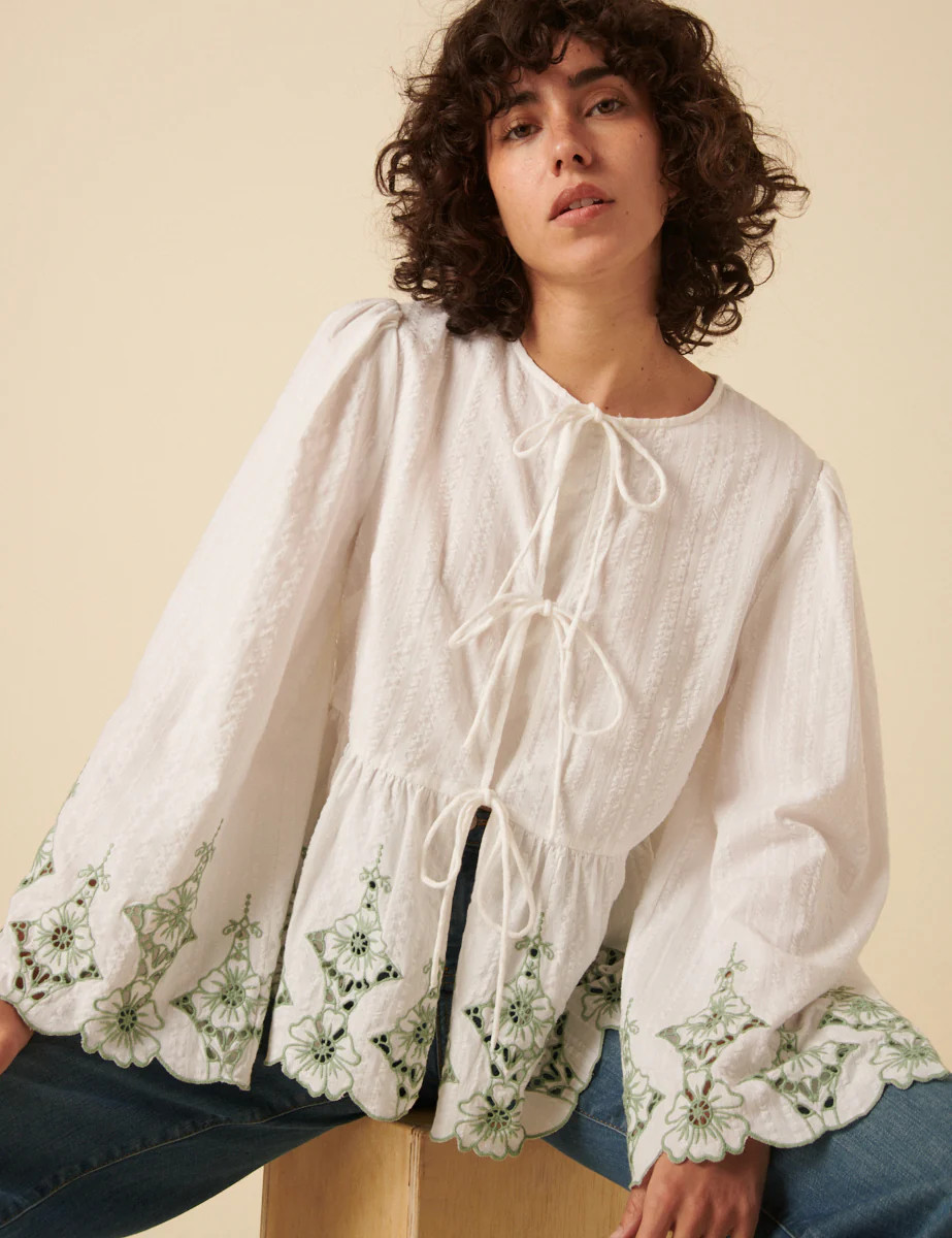 White Tie Front Embroidered Blouse | Nobody's Child