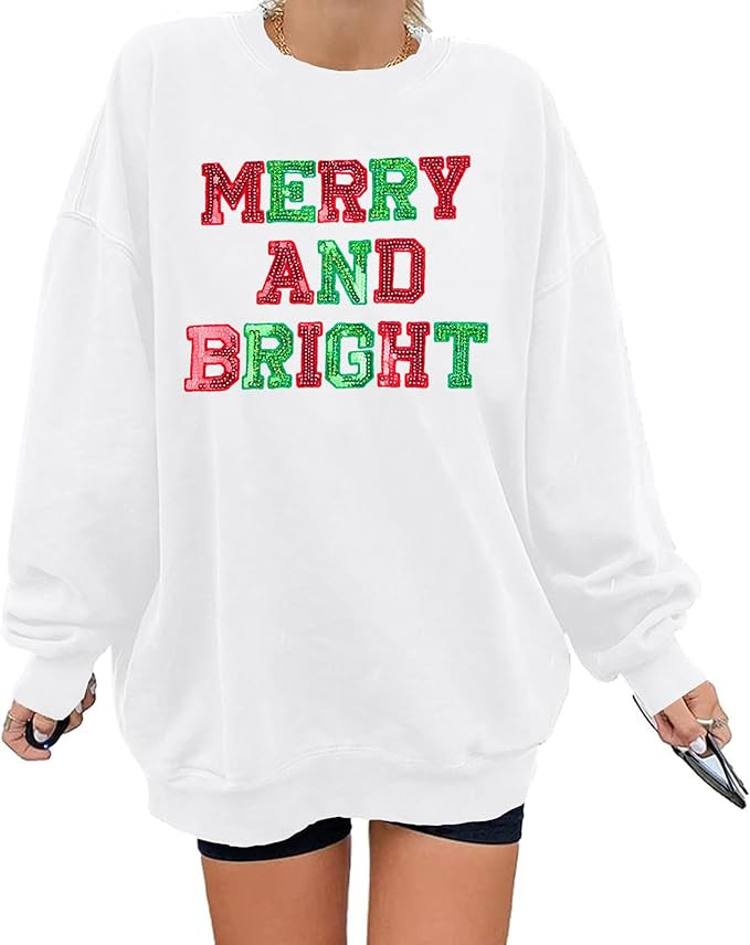 Christmas Sweatshirt Women Oversized Merry and Bright Sequin Shirt Xmas Gift Sweaters Christmas V... | Amazon (US)