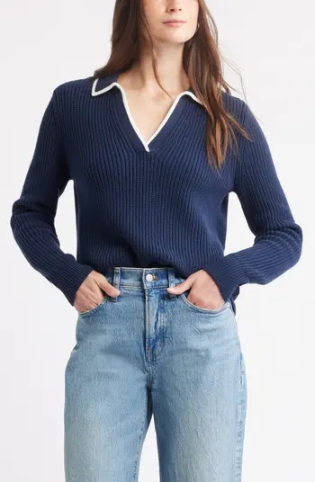 Caslon® Johnny Collar Cotton & Wool Sweater | Nordstrom | Nordstrom