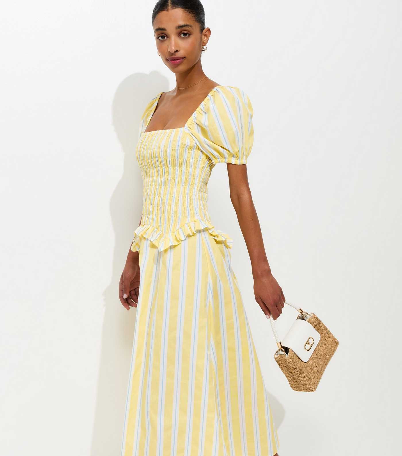 Yellow Striped Shirred Dropped Waist Midi Dress | New Look | New Look (UK)