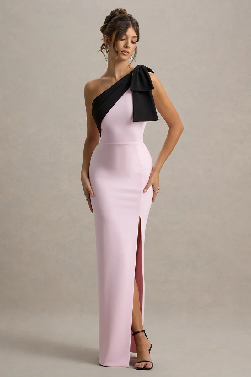 Kiri  Pink & Black One-Shoulder Bow Maxi Dress | Club L London