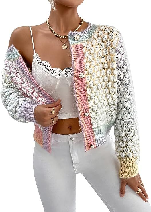 GORGLITTER Women's Button Down Color Block Cardigan Sweater Long Sleeve Casual Knit Outwear | Amazon (US)