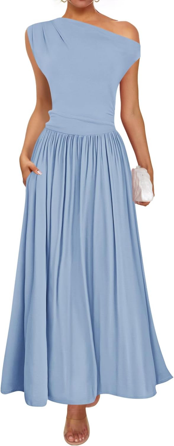 ZESICA Women's Summer 2026 Sleeveless Maxi Dress One Shoulder Casual Slim Swing Pleated Formal Dr... | Amazon (US)