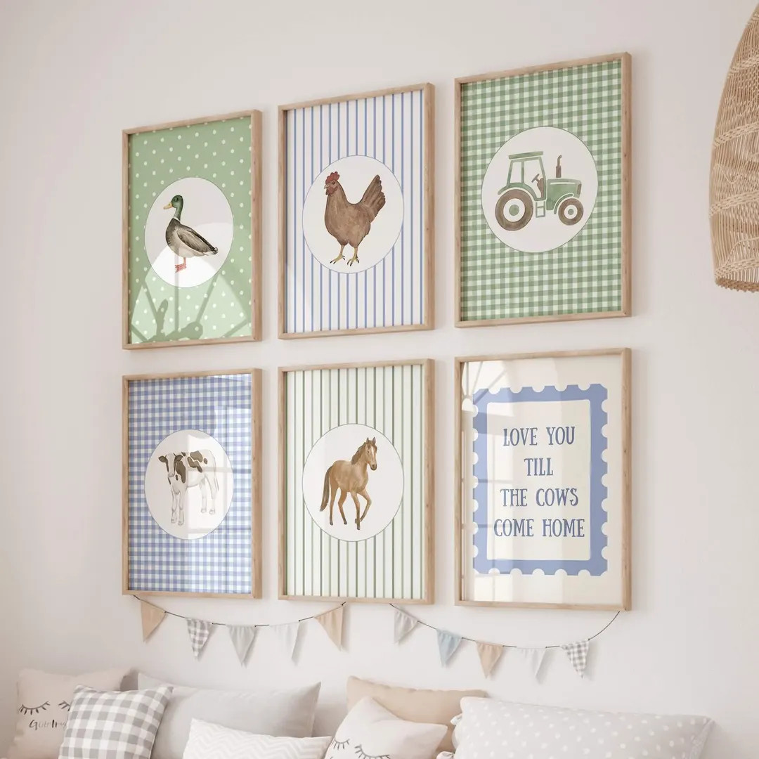 Farm Animal Nursery Wall Art Set of 6, Rustic Neutral Farm Gallery Wall Art, Nursery Prints Playr... | Etsy (US)
