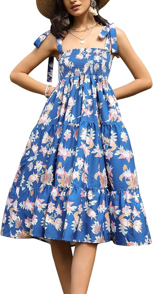 EXLURA Women's Smocked Floral Boho Sundress Square Neck Polka Dot Tiered Tie Shoulder Sleeveless ... | Amazon (US)