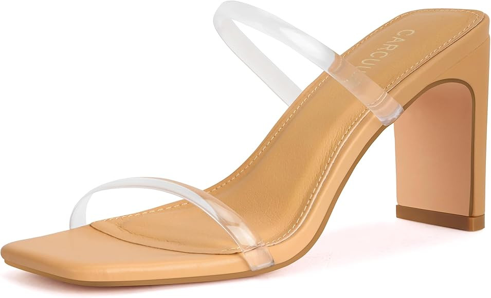 Carcuume Women's Square Toe Two Strap Open Toe Block Heels Sandals Slip On Shoes | Amazon (US)