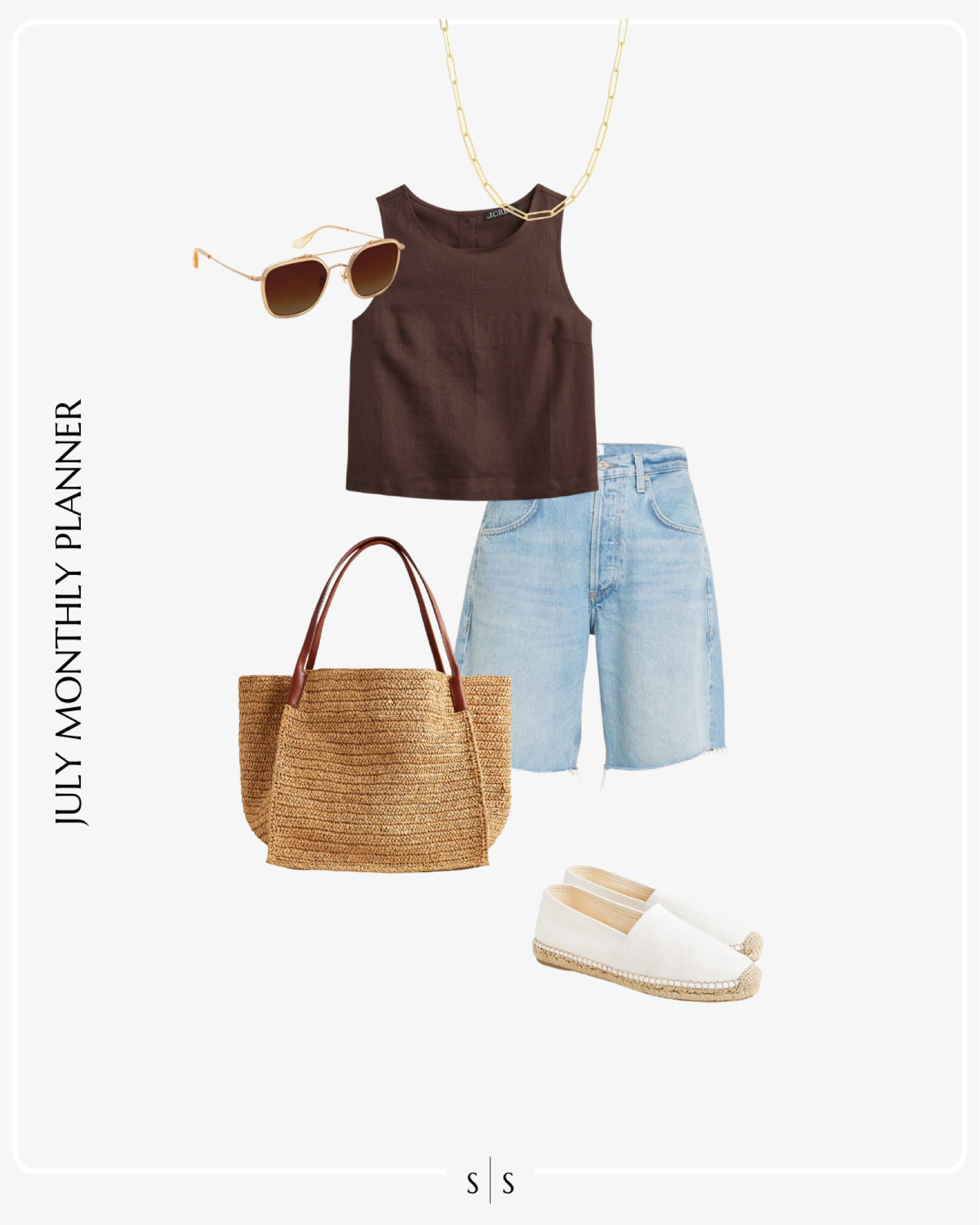 Monthly outfit planner JULY: Summer looks |  high neck linen tank, long denim short, espadrille flats, straw tote bag, sunglassess

See the entire calendar on thesarahstories.com ✨ 


#LTKStyleTip