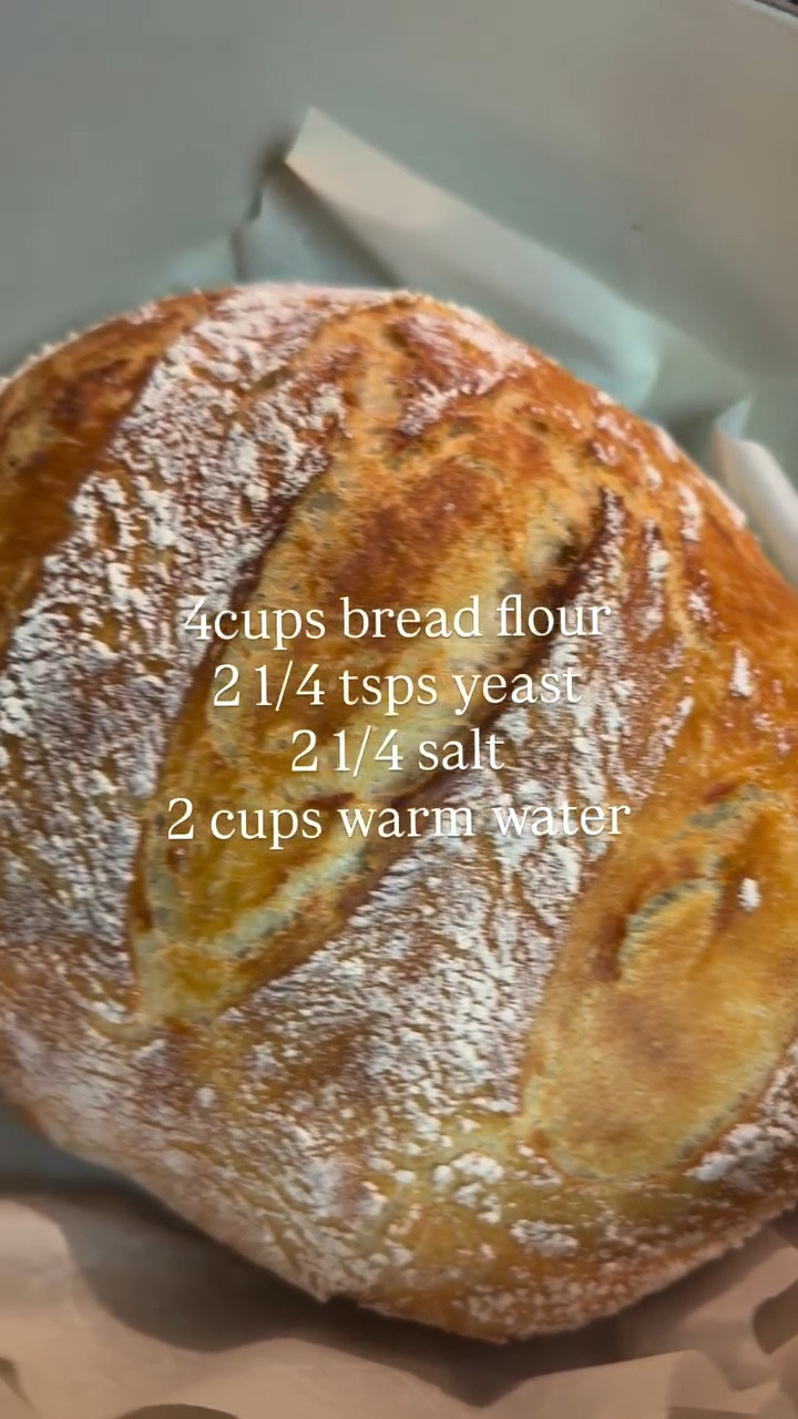 Mix until dough forms 
Drizzle bowl with olive oil 
Let sit covered in a warm place for 2 hours 
Knead into loaf, scorch. 
Bake in Dutch oven @450 degrees F for 30 minutes 
Take lid off of Dutch oven and bake for another 5-10 minutes 

#homemadebread #bread #breadrecipes