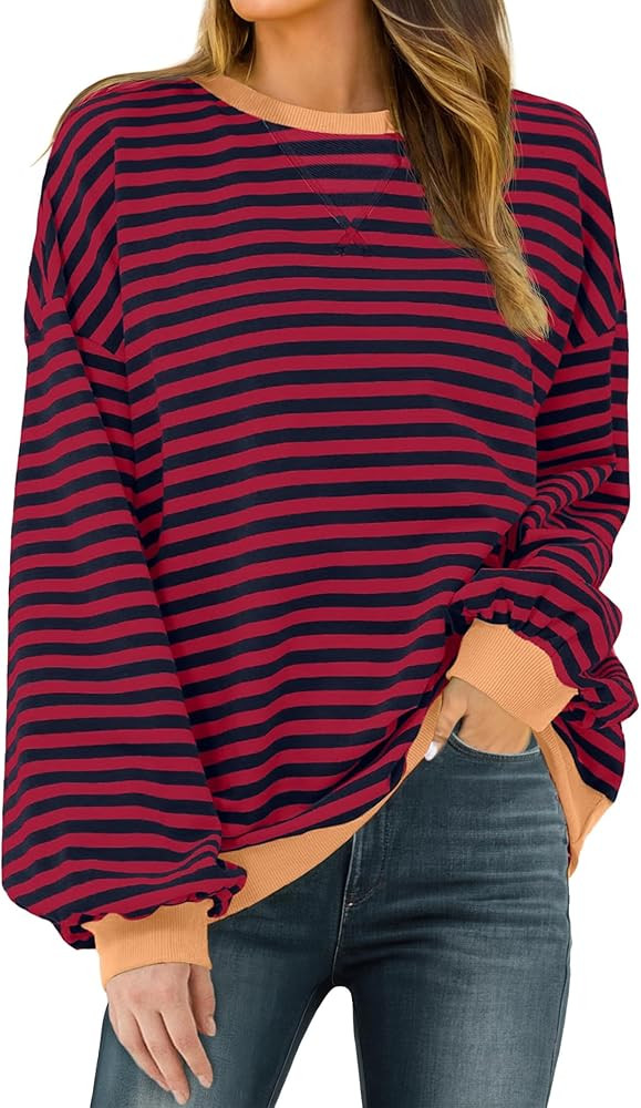 Women Sweatshirt Striped Crew Neck Oversized Long Sleeve Sweatshirt Color Block Loose Pullover | Amazon (US)