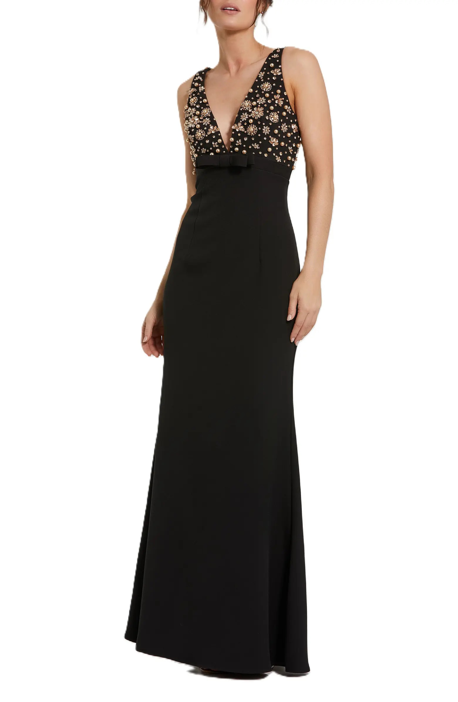 Crepe Sleeveless Beaded V Neck Gown With Bow | Nordstrom