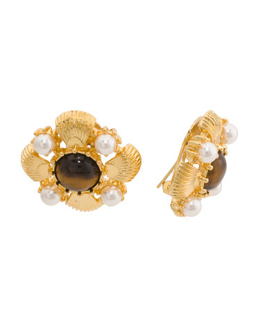 Made In Usa 24k Gold Plated Stone And Pearl Earrings | TJ Maxx