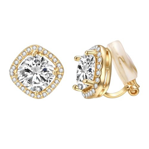 Yoursfs Rhinestone Clip on Earrings For Women Bridal Sparkly Square Earrings Crystal 18K Yellow Gold Plated Invisible Clip on Earrings | Amazon (US)