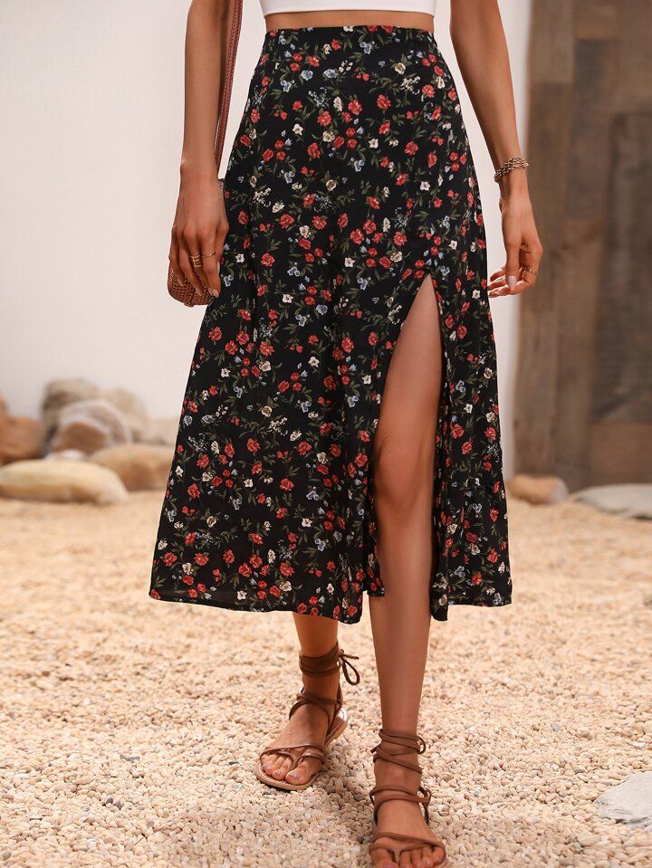 SHEIN VCAY Ditsy Floral Print Split Thigh Skirt | SHEIN